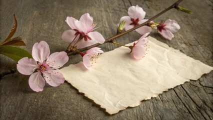 A delicate pink blossom branch rests gracefully on a weathered wooden surface, accompanied by a blank, aged paper sheet, offering a subtle invitation for a heartfelt message or cherished memory.