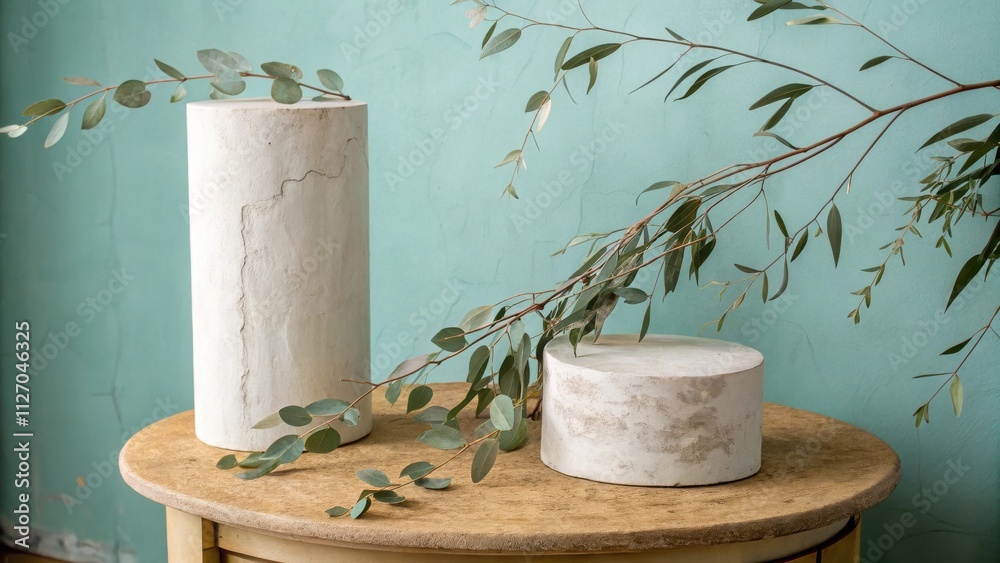 Aufkleber Rustic Minimalist Still Life Featuring Two White Cylinders and Greenery on a Wooden Table