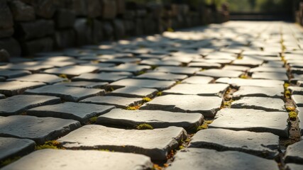 Sunlit Stone Pathway Irregular Cobblestone Texture with Interstitial Vegetation