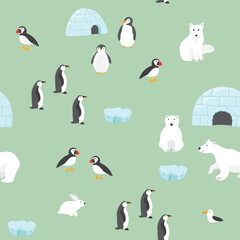 Polar animals seamless pattern. Cute Cartoon arctic animals background. Vector Illustration.