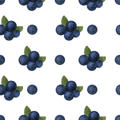 Blueberry watercolor Seamless pattern on a white background. Watercolor set with blueberries on branch. hand drawn watercolor painting blueberry on white background. Blueberries with leaves
