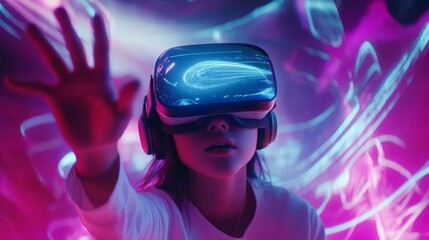 Advertisement for VR technology, featuring a young person wearing a sleek VR headset