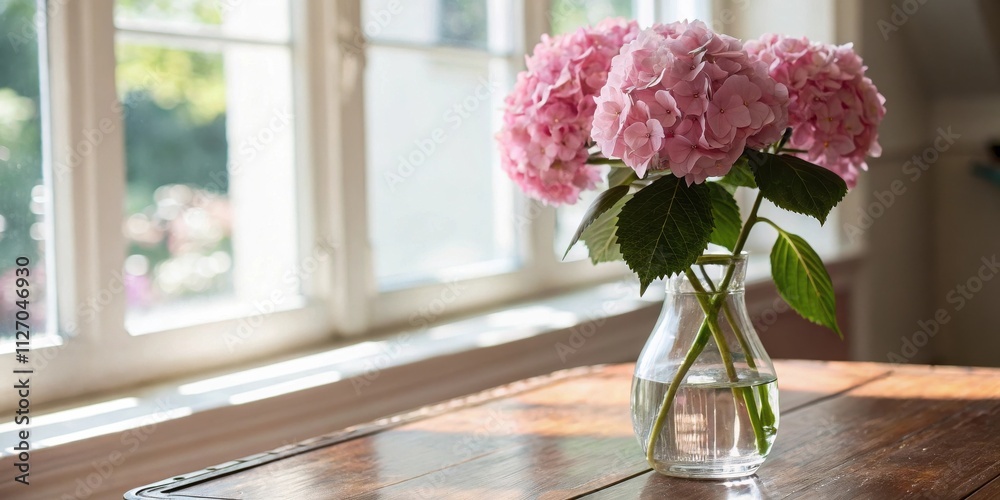 Poster a simple vase of pink hydrangeas sits on a wooden table beside a window. the sun shines through the 