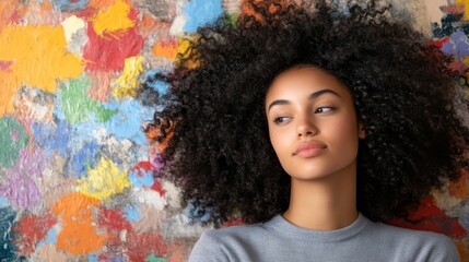 Fototapeta premium Stylish woman with long, flowing curly hair posing against a vibrant, multihued wall backdrop