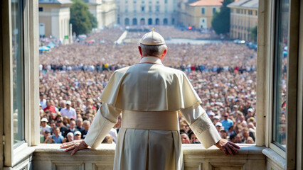 Pope standing back view with raised hand in front of crowd of greeting people