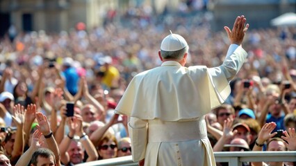Pope standing back view with raised hand in front of crowd of greeting people