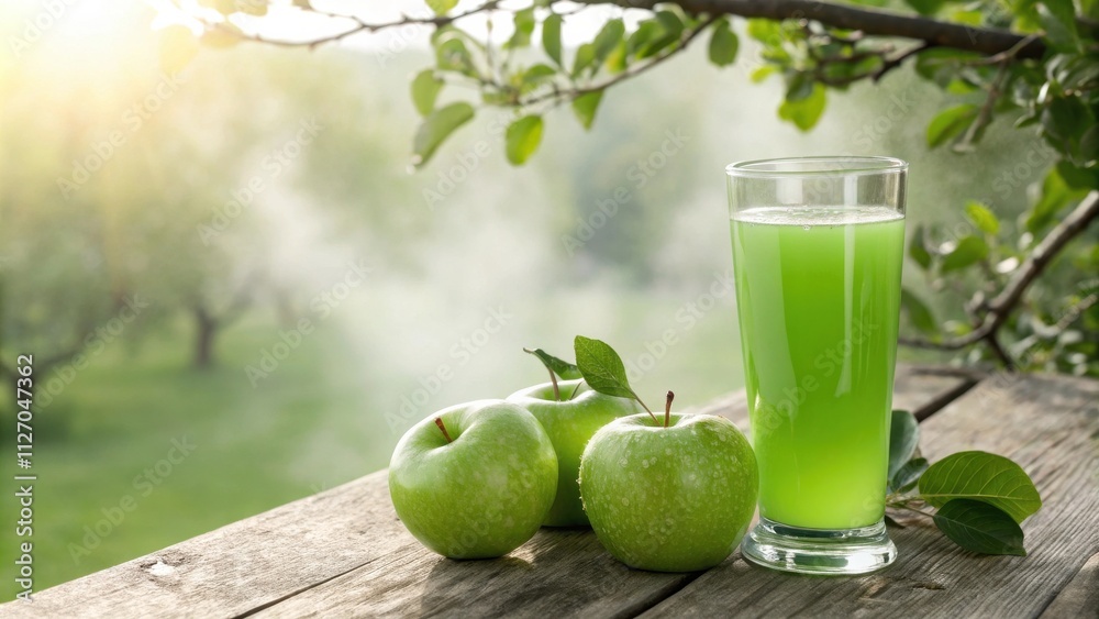 Aufkleber a glass of fresh green apple juice on a wooden table with three green apples and a leafy branch in t