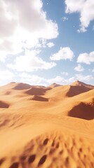 Naklejka premium A serene desert landscape with rolling sand dunes under a bright sky and scattered clouds.