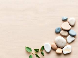 A soft and earthy moodboard mockup featuring natural elements like wood, leaves, and stones for a serene and organic feel, calming, texture