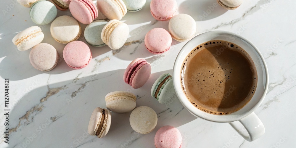 Poster a cup of coffee with a light and airy foam topping and an assortment of colorful macarons on a white
