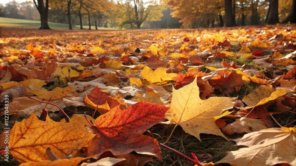 Poster golden autumn leaves blanket the ground in a park, creating a tapestry of vibrant hues and intricate