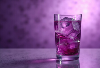 A glass of vibrant purple beverage with ice cubes  set against a blurred purple background.