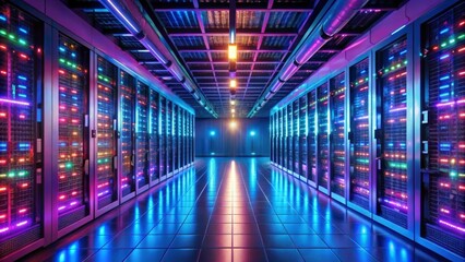 Obraz premium Data Center with multiple rows of fully operational Server Racks. Modern Telecommunications, cloud computing, artificial intelligence, database