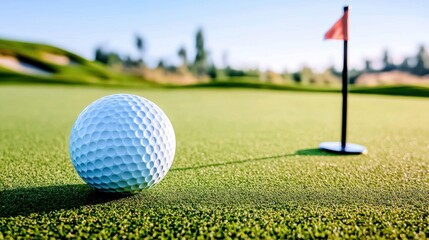 Obraz premium An illustration of a small white sphere with dimpled surface, resting on the vibrant green grass of a manicured golf course under the bright blue sky