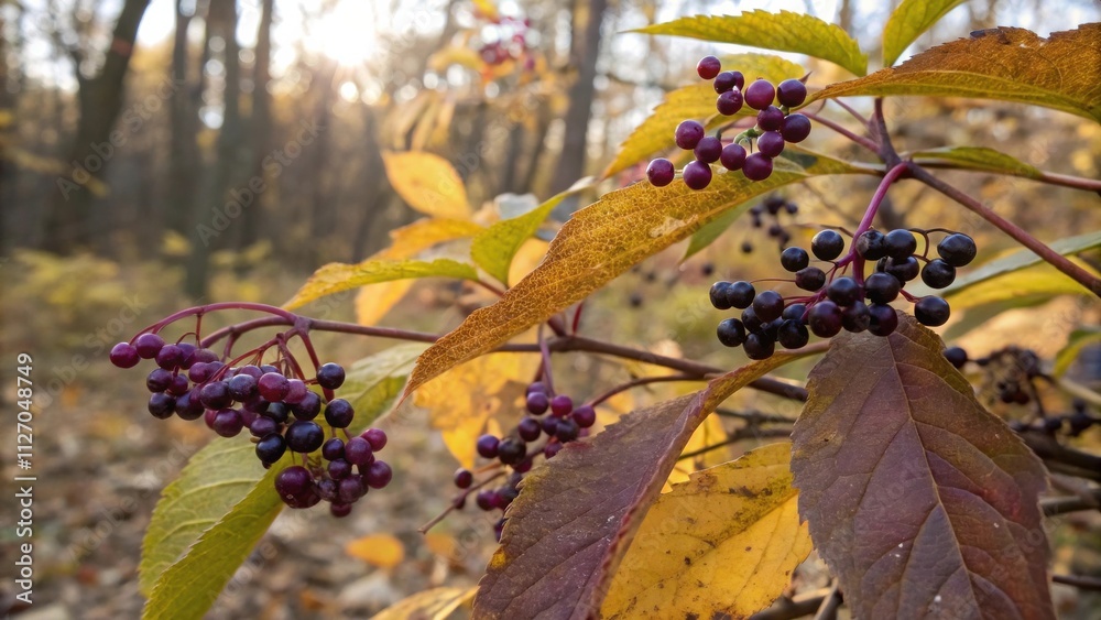 Poster a cluster of dark purple berries hanging from a branch with autumn leaves in the background.