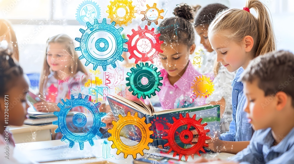 Wall mural group of children in a classroom, reading together, while an overlay of colorful abstract shapes and