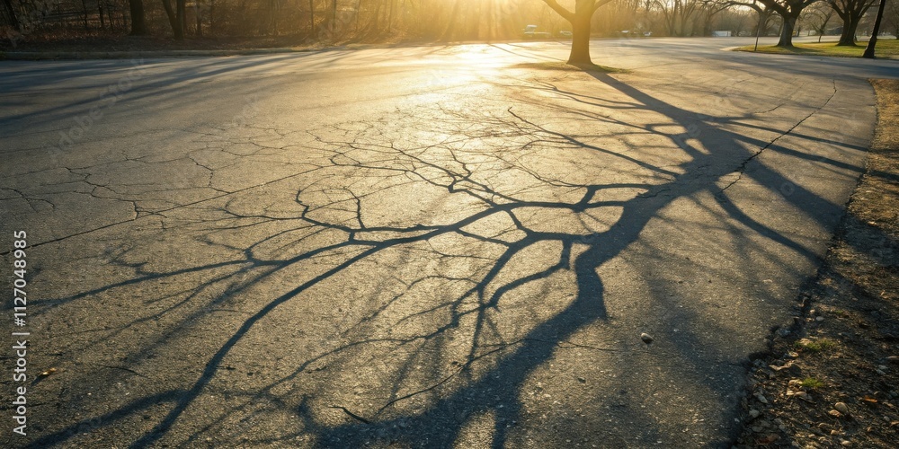 Poster The silhouette of a tree branch cast upon an asphalt path during golden hour, illuminating a cracked surface with intricate patterns of light and shadow