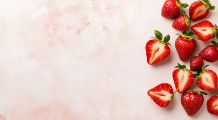 Whole and sliced strawberries on pink background with room for text