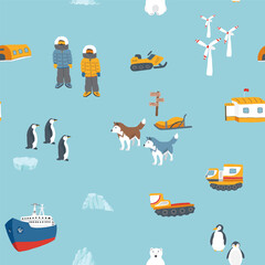 Polar station seamless pattern. Cute Cartoon arctic animals background. Vector Illustration. © saint_antonio