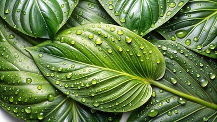 Fototapeta premium Abstract Leaf Imagery with Water Dew Droplets: Vibrant Foliage Leaves and Organic Patterns for Artistic Stock Photography For Poster, Web & Header Background Design 