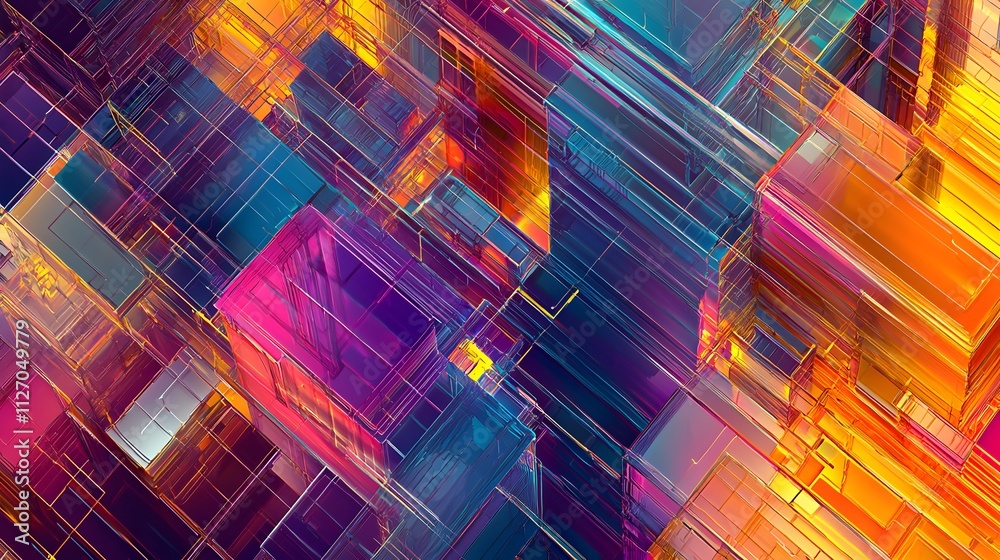 Fototapete a vibrant gradient design of overlapping lines forming a seamless digital connection grid.