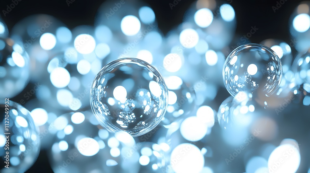 Poster a futuristic grid of translucent spheres interwoven into a seamless, glowing network.