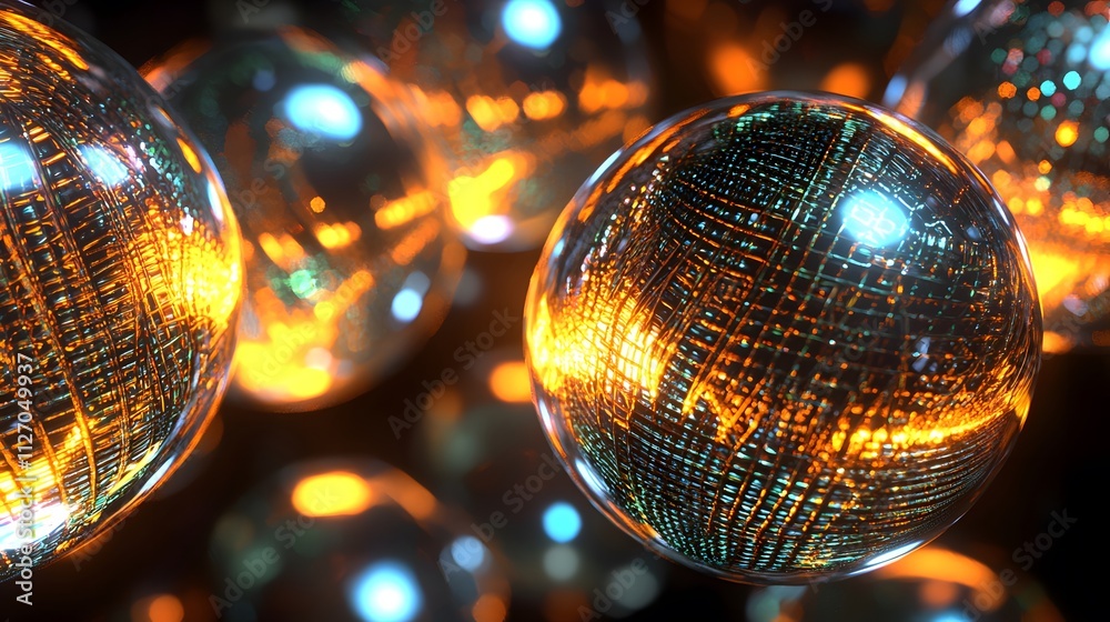 Poster a futuristic grid of translucent spheres interwoven into a seamless, glowing network.