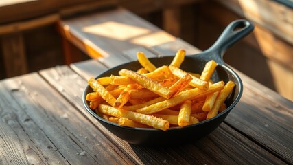 A Dish of Golden French Fries in a Rustic Cast Iron Pan on a Wooden Table