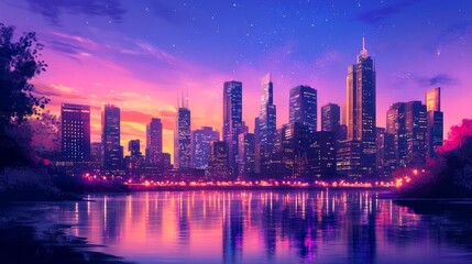 Fototapeta premium Vibrant Cityscape at Dusk Showcasing Stunning Skyline Reflections