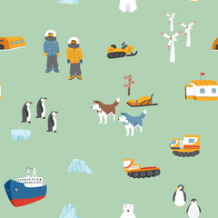 Polar station seamless pattern. Cute Cartoon arctic animals background. Vector Illustration.