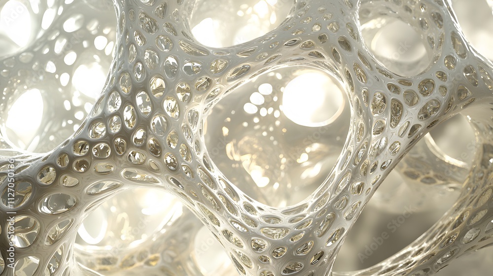 Poster A symmetrical layout of glowing interwoven translucent shapes forming a seamless grid.