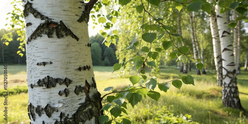 Poster A Close-Up View of a Birch Tree Trunk with White Bark and Green Leaves in a Forest Setting