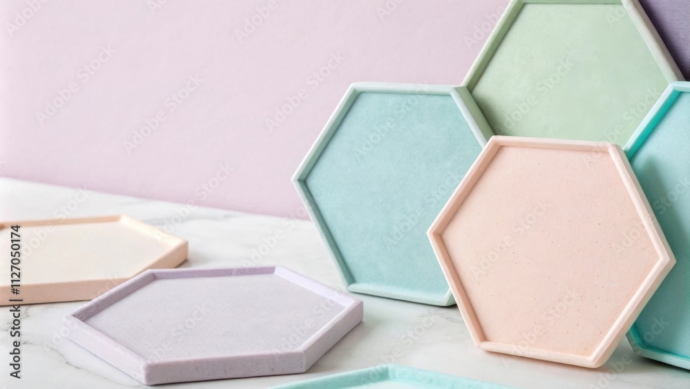 Poster A stack of pastel hexagonal trays on a white surface against a pale pink backdrop
