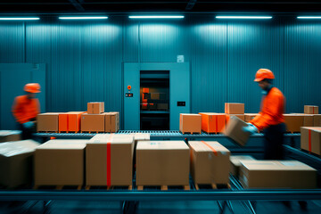 Workers in orange attire handle cardboard boxes in a modern warehouse, showcasing efficient logistics and packaging practices.