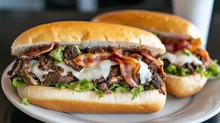 Two Philly cheesesteak sandwiches loaded with melted mozzarella, tender beef slices, crispy bacon, fresh lettuce, and soft hoagie rolls served on a white plate