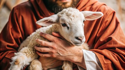 Jesus Christ gently holding a lamb in hands