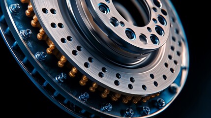 Close-up view of a metallic brake disc showcasing precision engineering with intricate details of bolts and cooling holes