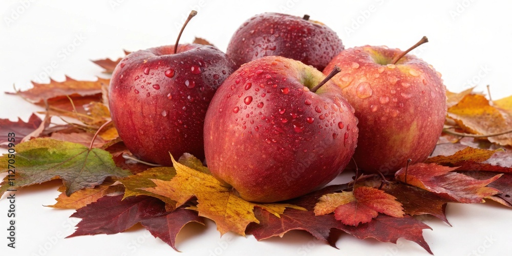 Poster four red apples with water droplets on them resting on a bed of colorful autumn leaves