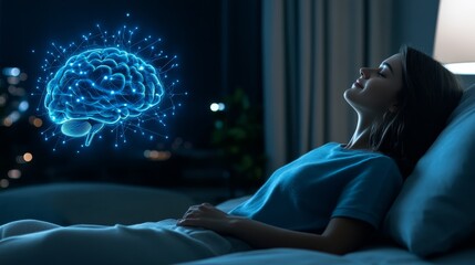 Conceptual image of mental health and wellbeing, woman on a bed with floating brain symbolizing thoughts emotions.