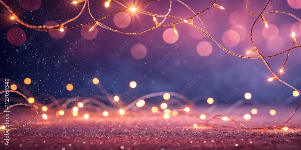 Aufkleber A String of Warm Lights Illuminates a Shimmering Purple Background with Bokeh and Sparkles