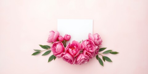 Pink Peonies and Blank Card on Soft Pink Background Elegant Floral Arrangement for Wedding Invitations or Special Announcements