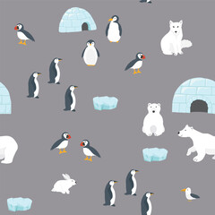 Polar animals seamless pattern. Cute Cartoon arctic animals background. Vector Illustration.