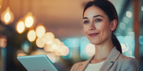 Professional team collaborating with digital technology for planning and online marketing, featuring a businesswoman using a tablet in an office setting