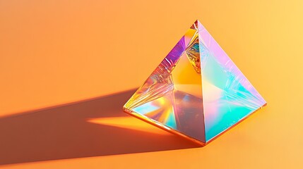 Fototapeta premium Iridescent Pyramid on Orange Background: A Study in Light and Geometry