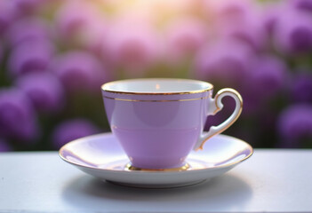 Fototapeta premium A lavender teacup with gold trim sits on a saucer against a blurred background of purple flowers.