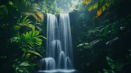 A waterfall in the middle of a jungle. Cascade. Illustration