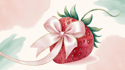 PNG A strawberry tied with ribbon illustration watercolor pastel.