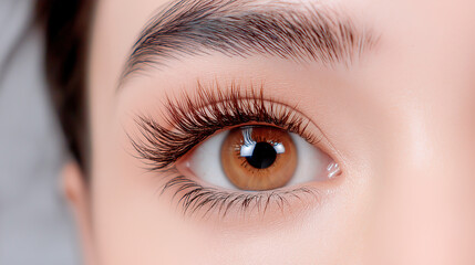 Obraz premium close up of woman eye showcasing long eyelashes and striking brown iris, highlighting beauty and detail. image captures essence of eye makeup and natural allure