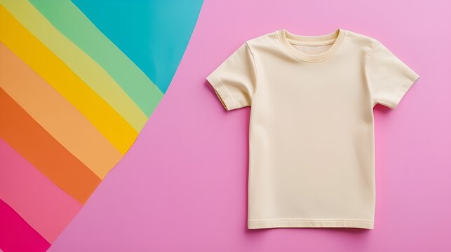 Children T-shirt pastel mockup. Plain yellow t-shirt on a pink background with colorful stripes. - Powered by Adobe