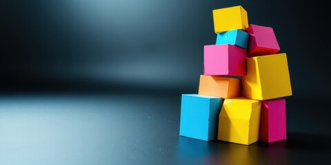 Fototapeta premium A vibrant stack of colorful blocks on a dark surface, showcasing a playful arrangement of geometric shapes and saturated hues.